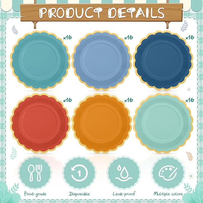 96 Pcs Blue and Orange Paper Plates 9 Inch Gradient Scalloped Paper Plates Disposable Dinner Dessert for Birthday Wedding Bridal Party Supplies, 6 Colors