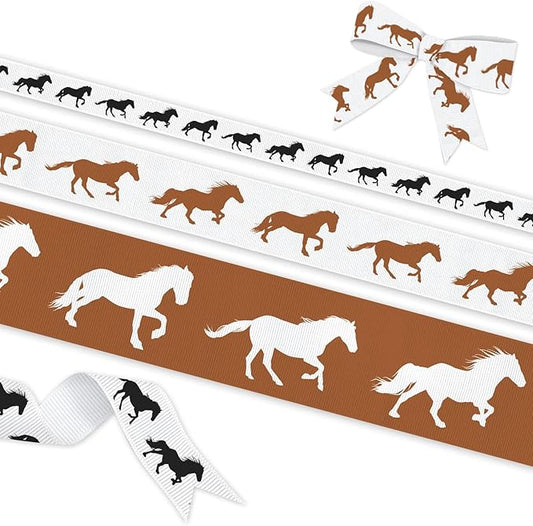 YKW Horse Silhouette Grosgrain Ribbon Set - 3 Widths (3/8", 7/8", 1.5") x 5 Yards Each - Black, Brown & White Horse Pattern Ribbons for Equestrian Crafts, Gift Wrapping & Western Decor