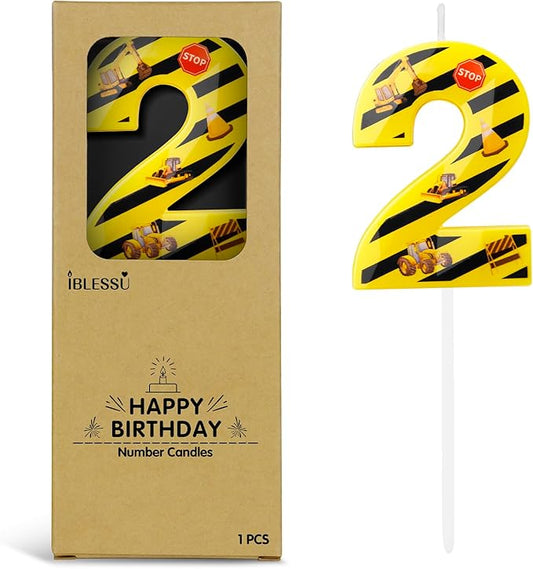 Number 2 Construction Birthday Candle, 2.68 Inch Yellow and Black Striped Candle, Birthday Candles Numbers Construction Cake Topper for Boys Girls, Construction Birthday Party Supplies Decorations