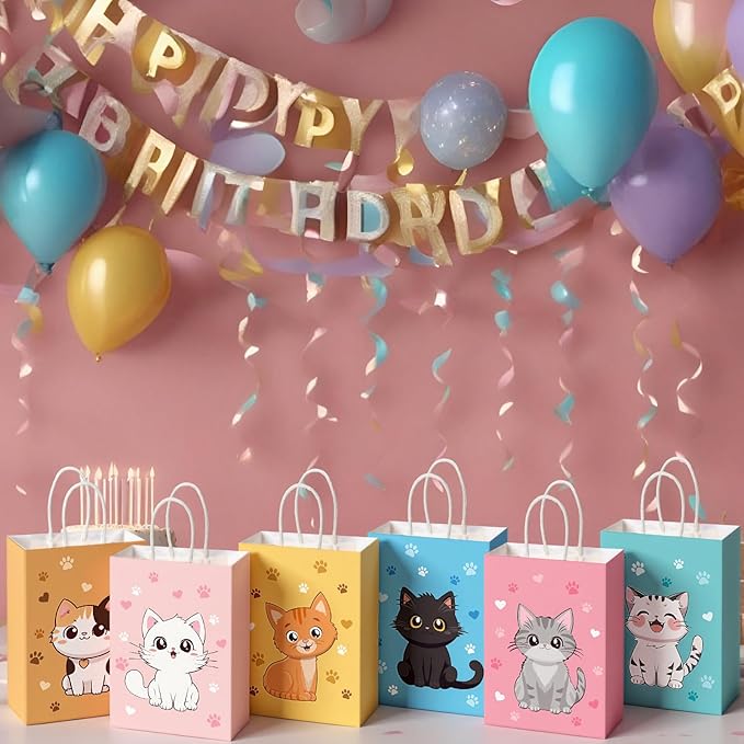 Zhanmai 48 Pcs Cat Birthday Party Favors Bags Bulk for Goodie Gifts Cute Kitty Candy Treat Paper Bags with Handles for Kitten Birthday Party Decoration Supplies Pet Adoption