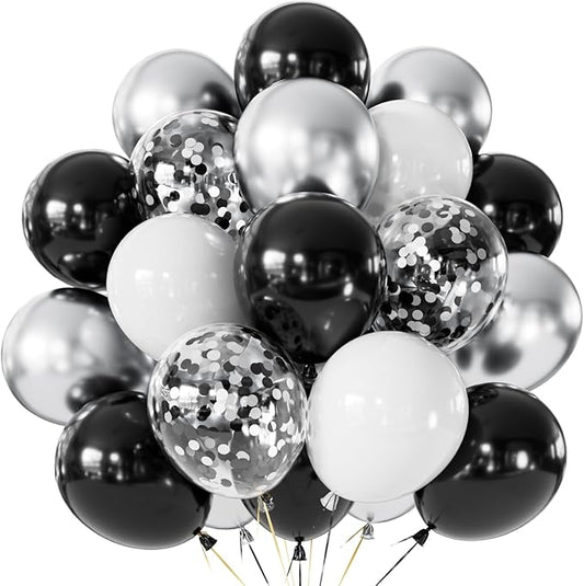 Black and Silver Balloons, 60 Pcs 12 In Metallic Silver, Black, White & Confetti Balloons for New Year’s Eve, Countdown Party, Christmas, Wedding, Birthday, Graduation, Anniversary Decorations