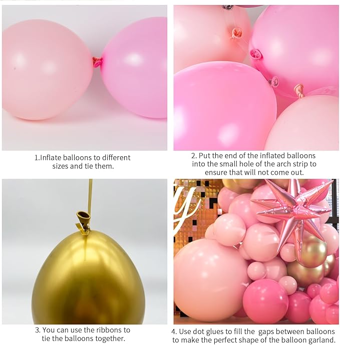 161pcs Pink Balloons Arch Kit, Pastel Macaron Pink and Gold White With 3pcs Starburst Foil Balloons for Birthday Baby Shower Bridal Shower Wedding Valentine’s Party Decorations