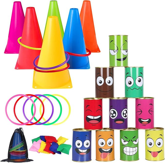 36PCS Carnival Games Combo Set 4 in 1 Bean Bag Toss Can Games Plastic Cone Ring Toss Game for Indoor Outdoor School Field Day Birthday Party Yard Game for Kids Adults