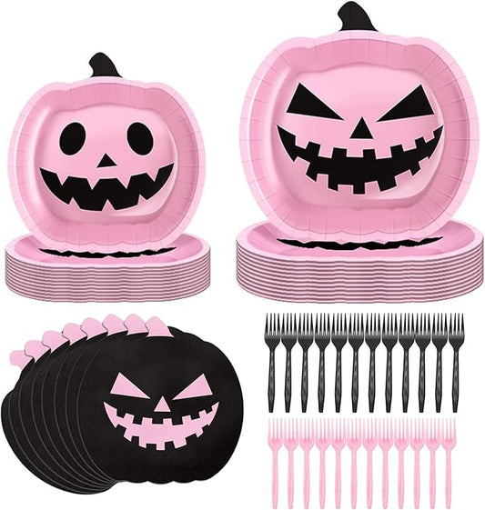 96 Pcs Halloween Paper Plates and Napkins Party Supplies Serve 24, 9" Pink Cartoon Pumpkin Disposable Plates for Halloween Birthday Baby Shower Table Decor