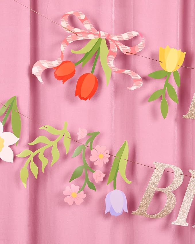 xo, Fetti Floral Happy Birthday Banner | Kids Party, Garden Theme, Tea Party Decorations, Tulips, Flower Garland, Pink, Farmers Market