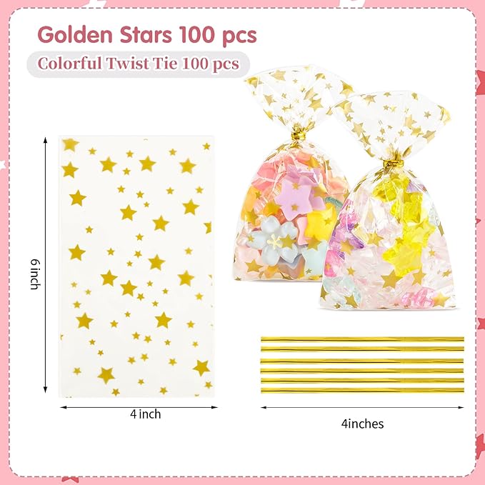 100 Pcs Cellophane Treat Bags,4 X 6 Inches Clear Cellophane Bags,100 Gold Twist Ties,for Cookies, Chocolate, Bakery, Party Favors, Gift Wrapping, Classroom Valentine Gifts