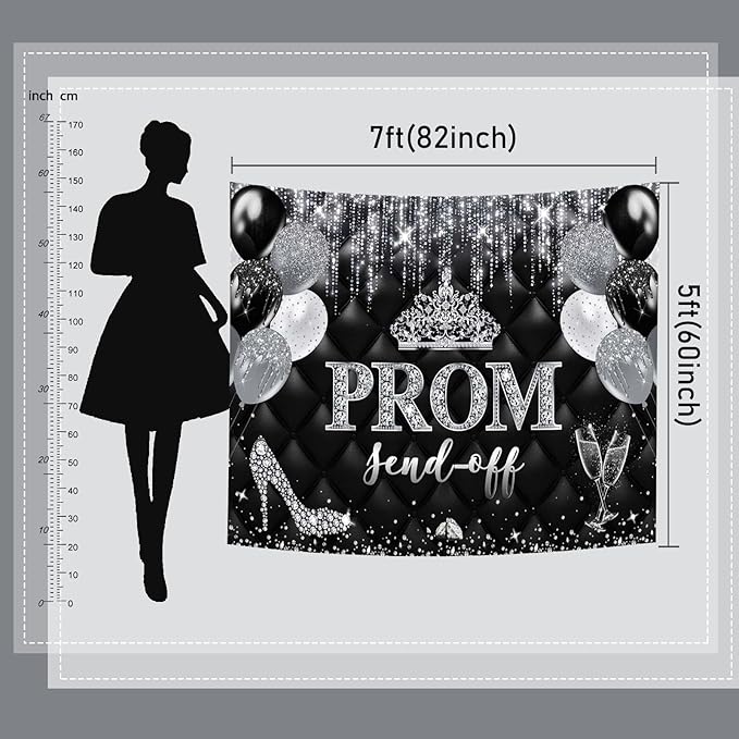 Mocsicka Prom Send Off 2026 Backdrop Crown Graduation Prom Night Party Decorations Banner Silver Balck Dancing Send Off Photography Background Photo Booth Supplies (Silver, 8x6ft(96''x72''))