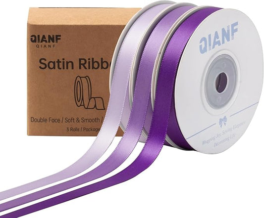 QIANF Purple Double Face Satin Ribbon 3/8 Inch x 45 Yards Lavender Fabric Ribbon for Gift Wrapping, Flower Bouquets, Hair Bows Making, Wedding Decoration, Invitation Cards, Christmas (3 Rolls *15Yd)