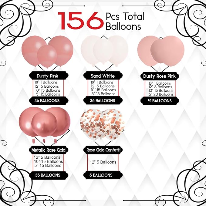 Archloon 156pcs Dusty Pink Balloon Garland Arch Kit, Different Sizes 18 12 10 5 inch Pink White Sand Metallic Confetti Pink Balloons for Girl Baby Shower Birthday Boho Party Decorations
