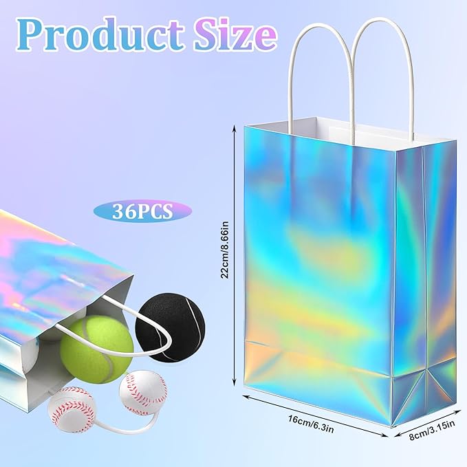 LIQWEI 36PCS Iridescent Gift Bags with Handles, Holographic Party Favor Bag Reusable Glitter Foil Paper Candy Goodie Bag Gift Handbag for Disco Wedding Graduation Birthday Party (8.6x6.3x3.2 Inch)