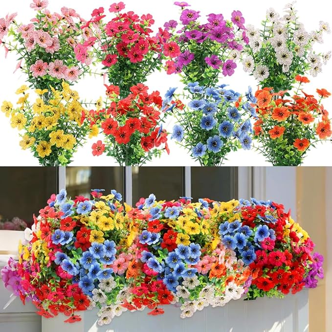 Artificial 16 Bundles Outdoor Flowers for Spring Decoration, Fake Daisy Flowers Realistic UV Resistant for Outside indoor Planter Front Door Porch Yard Patio windowsill Home Decor (Mix 8 colors)