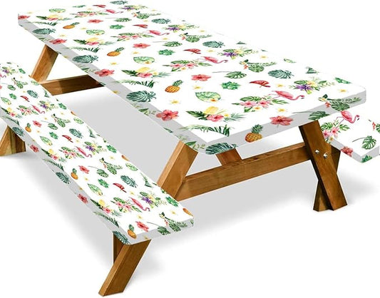 Picnic Table Cover with Bench Covers and Bag, Summer Outdoor Waterproof Windproof Tablecloth with Elastic Edges, Camping Accessories RV Gear Campers 96x30 Inches 4 Pcs Set, White