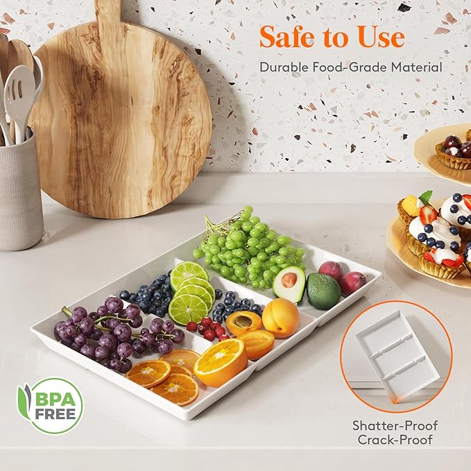 Lifewit Serving Tray Divided for Party Supplies, 3 PCS 15" x 10" Plastic Platters for Serving Food, White Reusable Tray for Veggie, Snack, Fruit, Cookies, Desserts in Kitchen/Pantry