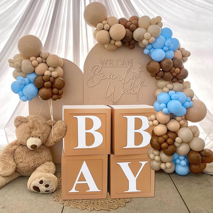 Teddy Bear Baby Shower Boxes Decorations, 4pcs Brown Baby Shower Blocks with Letters, Baby Shower Balloon Paper Boxes for Woodland Baby Shower Decor Boys Girls Gender Reveal Backdrop