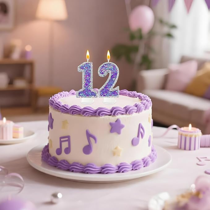 K-pop Number 2 Birthday Candle, Star Glitter Filled Number Candle, Purple Silver Fantasy Cake Topper for Birthday Party Decoration
