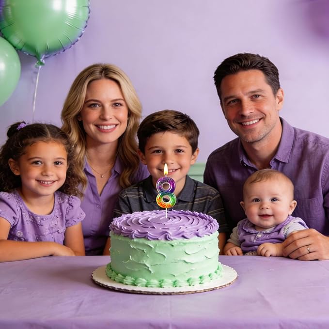 Number 8 Birthday Candle for Cake – Purple Green Flame Design with Lightning & Tire Track Pattern – Off-Road Truck Theme Cake Topper for Birthday Party Decoration
