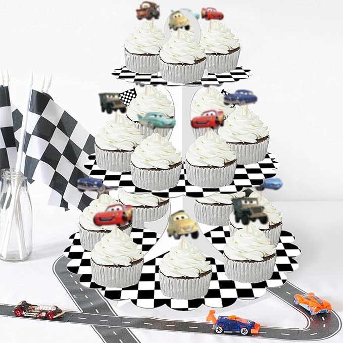 3-Tier Racing Theme Cupcake Stand,Cars Theme Decoration,Black White Checkered Design,Car Theme Dessert Stand for Race Car Birthday Party Decorations (1-Pack)