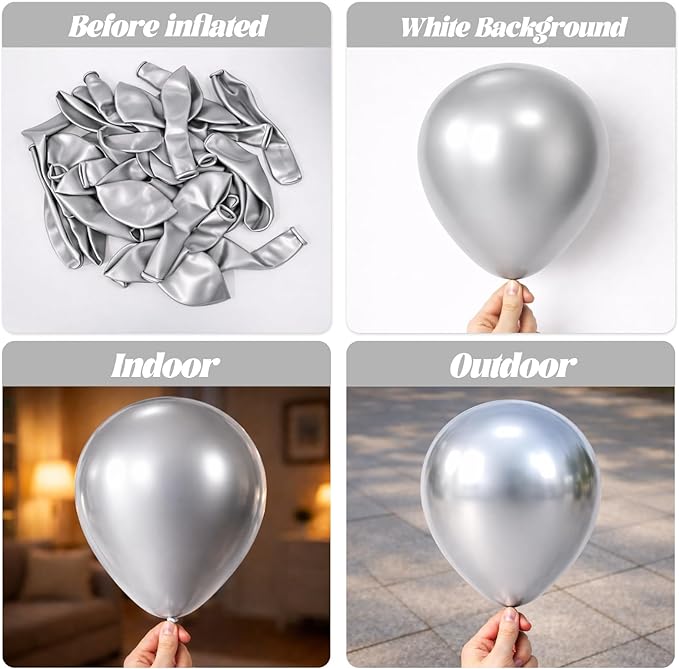 Voircoloria 110pcs Metallic Silver Balloons 12inch Chrome Silver Latex Party Balloons for Graduation, Wedding, Birthday, New Year, Baby Shower, Anniversary, Holiday Party Decorations