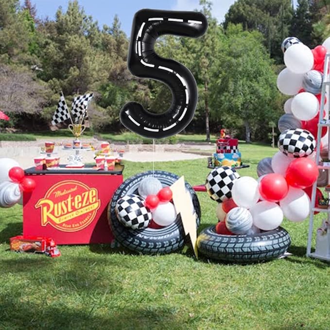 TONIFUL Race Car Black Balloons Car Birthday Party Supplies,40 Inch Giant Jumbo Helium Foil Mylar Big Number 5 Digital 5 Balloons for Boy's Birthday Party Truck Race Car Theme Party Decorations