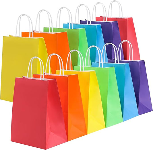 SUNCOLOR 24 Pack Rainbow Gift Bags with Handles – 8x4.5x10 Medium Bags for Shopping, Retail, DIY, Wedding, Party Favors & Special Occasions