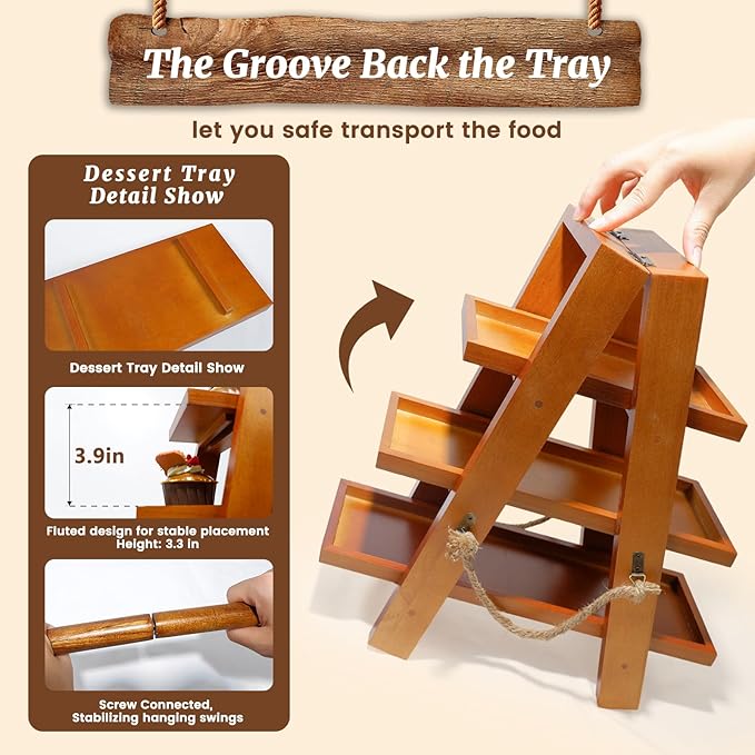 Tnstbiee 3 Tier Cupcake Stand - Wooden Display Stand for Desserts, Fruits, Nuts, Cheese - Removable Trays and Foldable Stand - Perfect for Parties and Events - Rustic and Unique Wooden Serving Tray