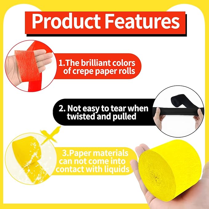 Cartoon Monster Birthday Party Decorations,8 Rolls Red Yellow and Black Crepe Paper Streamers, Party Streamer for Wedding Animation Themed Decoration