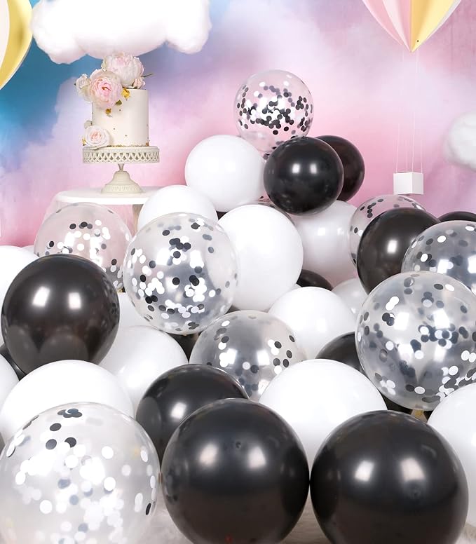Metallic Shiny Black and White Balloons 12 Inch 67PCS White Black Confetti Balloons Latex Helium Balloon Set for Graduation Anniversary Birthday Party Decorations