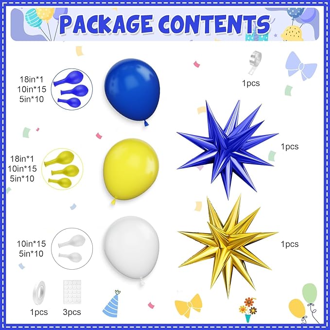 Blue Yellow Balloon Arch Kit, Royal Blue and Yellow White Balloons Garland Kit with 4D Foil Star Balloons, for Graduation 2026 Baby Shower Anniversary Birthday Wedding Party Decoration