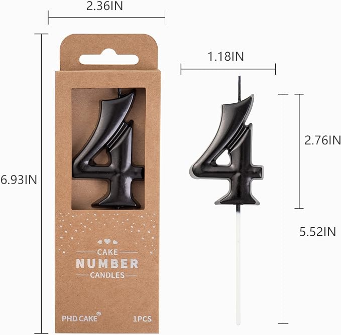 PHD Elegant Black 2.76 Inch 4 Number Birthday Candles for Party Celebration