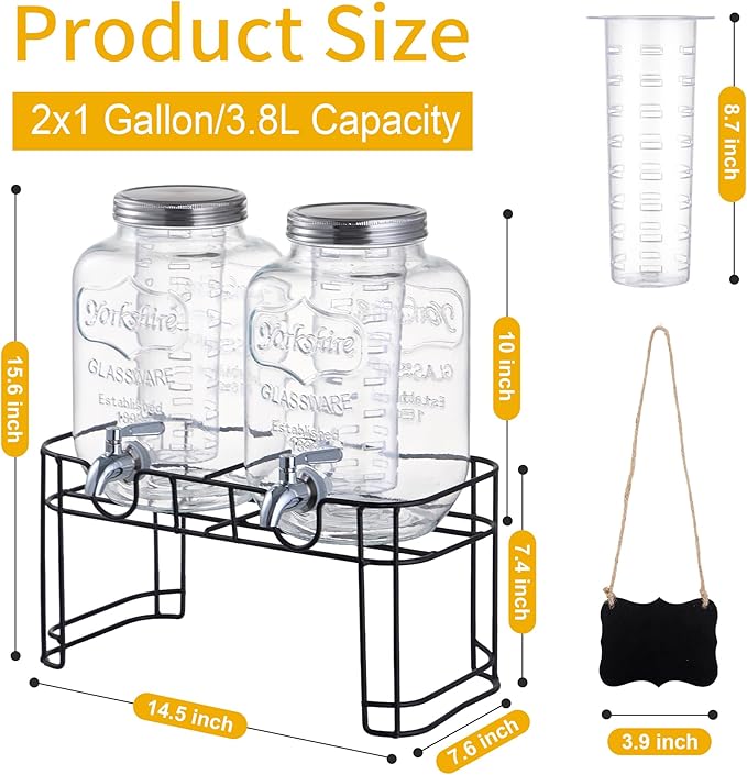1 Gallon Glass Beverage Dispenser -Set of 2, Drink Dispenser with Stand & Fruit Infuser, Stainless Steel Spigot - Glass Drink Dispensers for Parties, Drink Dispensers with Lids for Lemonade Sun Tea