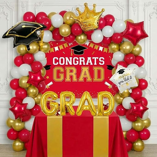 Red White Gold Balloon Garland Arch Kit with backdrop Stars Graduation Cap crown GRAD Letters Mylar Balloons for 2026 graduate Prom Decorations