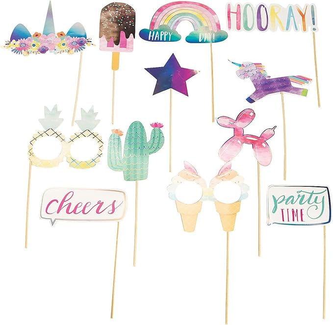 Hooray It’s Your Birthday Photo Booth Props (set of 12) Featuring unicorns, pineapples, ice cream cones and more