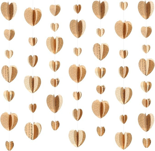 5 Pack 46 ft 3D Vintage Heart Garland Vintage Book Pages Garland Heart Newspaper Bunting Strand String Banner Backdrop for Wedding Home Birthday Party Restaurant Library Book Club Decor