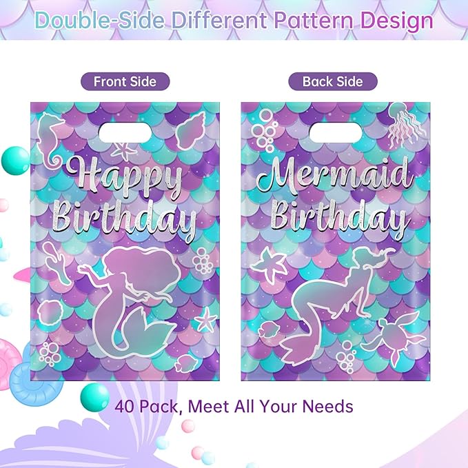 40Pcs Mermaid Birthday Party Favor Bags, Mermaid Goodie Bags with Handles,Ocean Mermaids Gift Candy Treat Bag for Kids Girls Baby Shower Mermaids Themed Under the Sea Party Decorations Supplies Favors