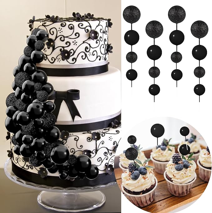 60Pcs Glitter Cake Balls Decorations Foam Cake Topper Balls Mini Balloon Cupcake Toppers for Cake Decorating Birthday Baby Shower Party (Glitter Black)