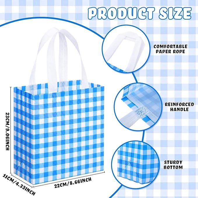 Sweetude 16 Pcs Dark Blue White Checkered Gift Bags with Handles Gingham Dark Blue and White Party Favors Non-woven Reusable Tote for Women Wedding Birthday Baby Shower Mother's Day Party Decorations