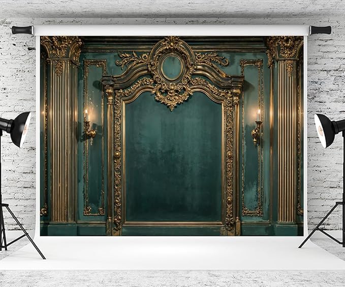 Kate 7×5ft Green Medieval Wall Backdrop Photography Vintage Roman Columns Gold Candles Elegant Portraits Maternal Birthday Party Banner Background Photography Studio Props Photos Videos