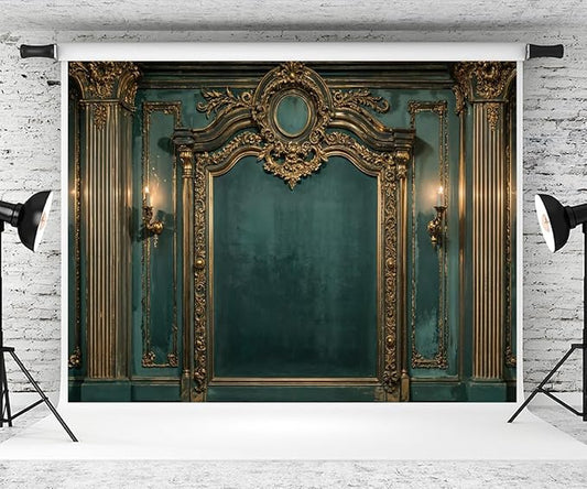 Kate 7×5ft Green Medieval Wall Backdrop Photography Vintage Roman Columns Gold Candles Elegant Portraits Maternal Birthday Party Banner Background Photography Studio Props Photos Videos