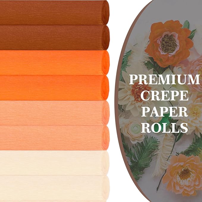 Whaline 8 Rolls 65.6ft Fall Crepe Paper Streamers 25 x 250cm 4 Colors Party Streamers Fall Brown Orange Theme Crepe Paper Roll Decorative Craft Streamer for DIY Gift Wrapping Crafts Decor
