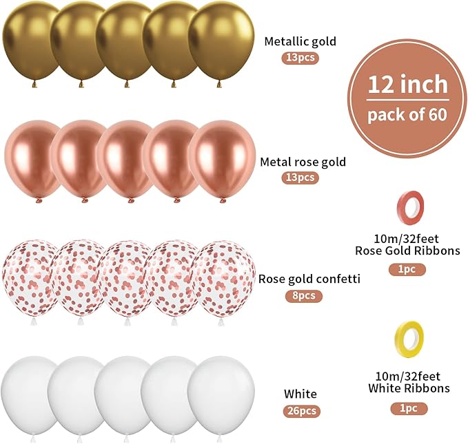 Biapian Rose Gold Balloons Set, 60PCS Rose Gold and Gold Birthday Balloons, 12 Inch Metallic Gold White Latex Balloons Rose Gold Confetti Balloons for Girls Women Birthday Baby Shower Wedding Supplies