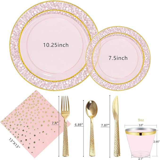 Nervure 175PCS Pink and Gold Plastic Plates - Pink Disposable Plates : 25 Dinner Plate,25 Dessert Plate, 25 Forks,25 Knives, 25 Spoons, 25 Cups,25 Napkins for Wedding & Party
