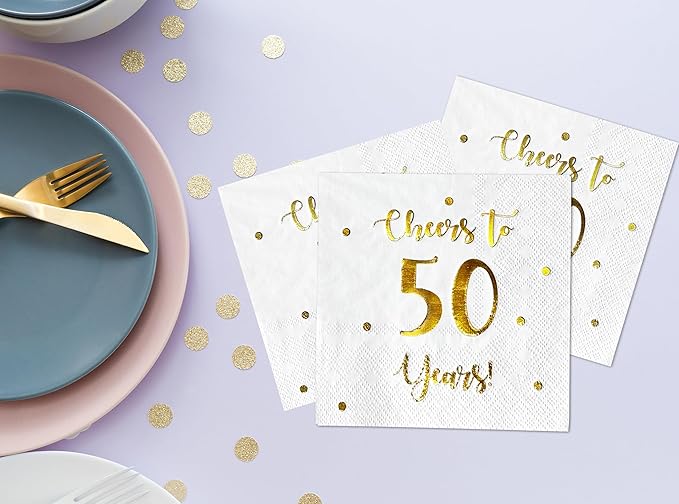 Cheers to 50 Years Cocktail Napkins | Happy 50th Birthday Decorations for Men and Women and Wedding Anniversary Party Decorations | 50-Pack 3-Ply Napkins | 5 x 5 inch folded (White)