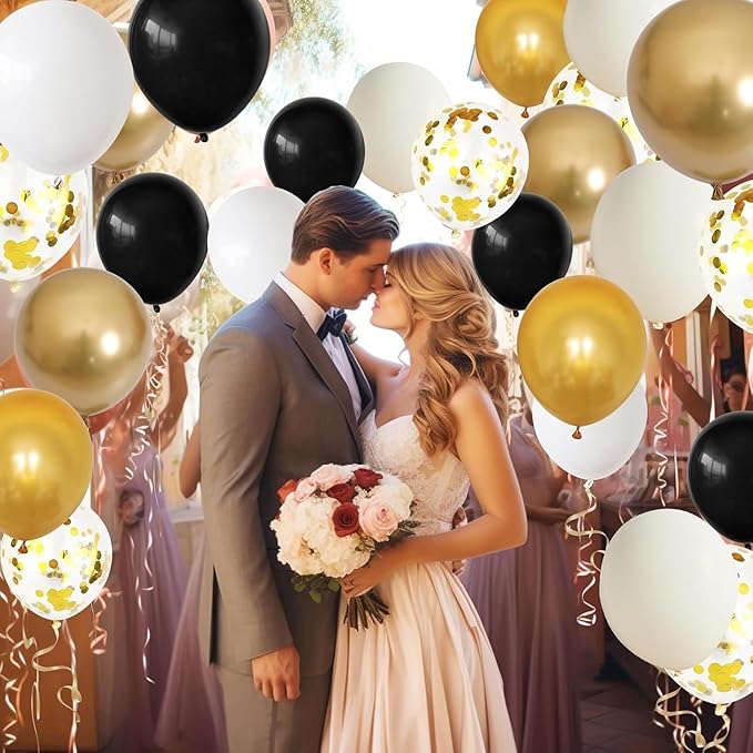 Dagelar Black Gold Beige Balloons, 60PCS Black Gold White Sand Balloons Party Balloon with Metallic Gold Confetti Party Balloon for Graduation, Weddings, Birthday, New Year Decorations