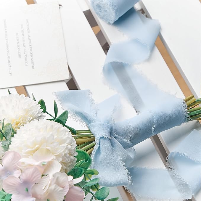 Light Blue Chiffon Ribbon 1.5" x 21 Yd Handmade Fringe Silk Chiffon Fabric Ribbon for Gift Wrapping Wedding Invitation Bridal Flower Bouquet DIY Crafts Home Decor