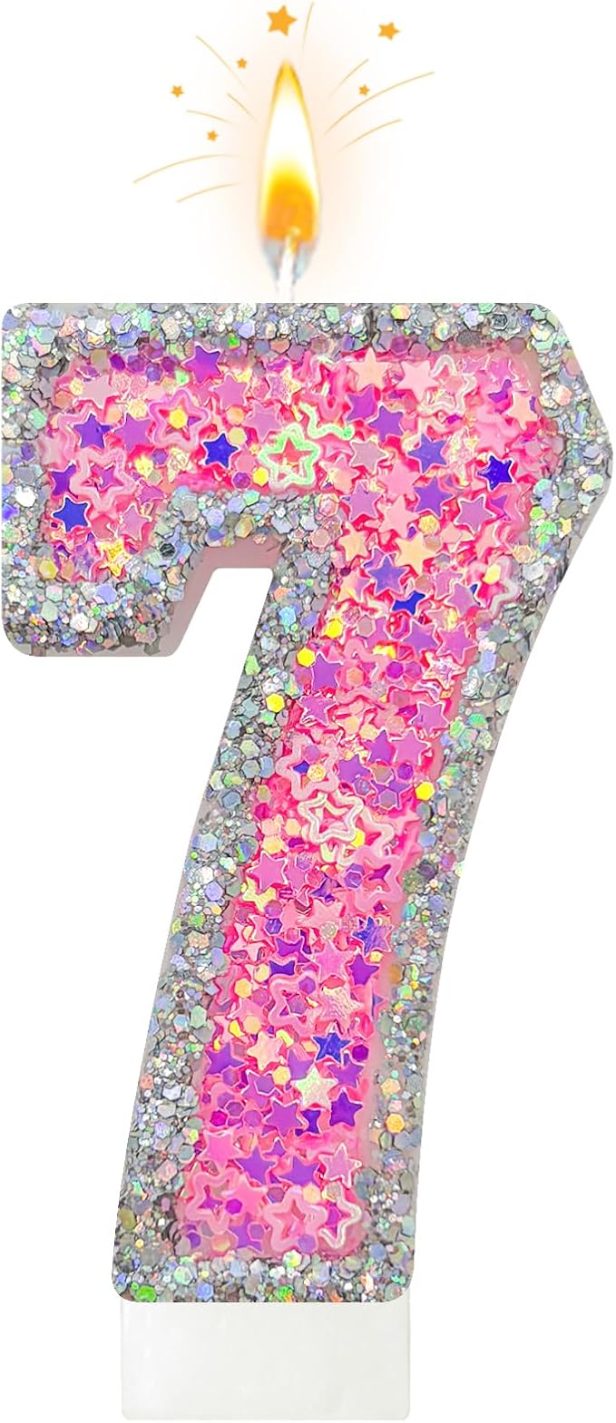 Number 7 Birthday Candle for Cake – Silver Glitter Edge with Pink Star Confetti – Decorative Number Cake Topper for Anniversary & Celebration Party Decor