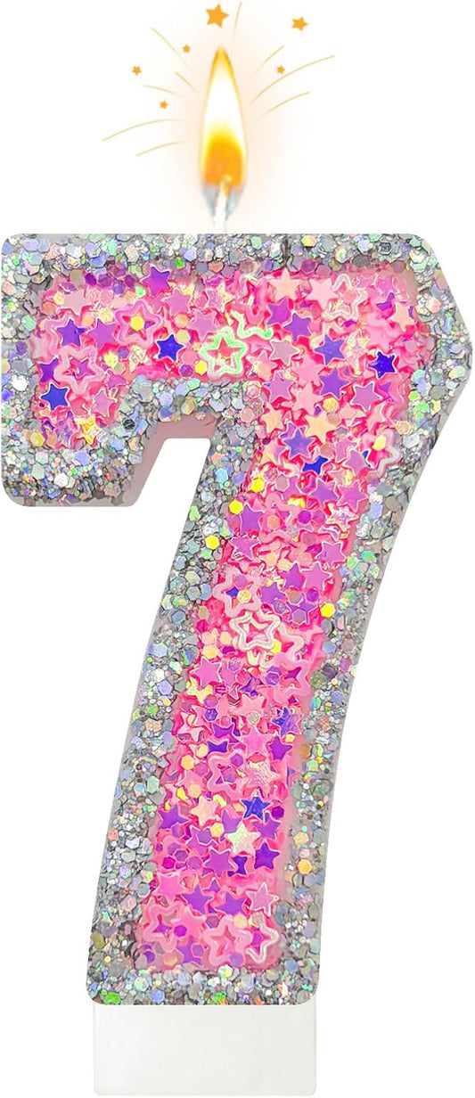 Number 7 Birthday Candle for Cake – Silver Glitter Edge with Pink Star Confetti – Decorative Number Cake Topper for Anniversary & Celebration Party Decor