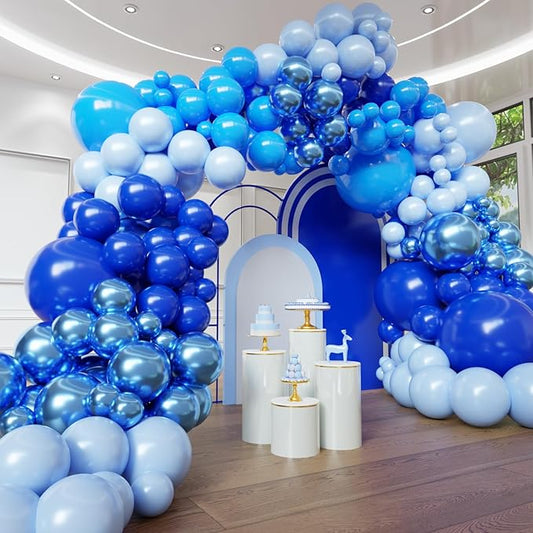 Blue Balloon Arch Kit, 102pcs Royal Blue Pastel Blue Metallic Blue Difference Sizes Latex Balloons with 16ft Tape Strip & Dot Glue for Baby Shower, Birthday, Graduation Decoration