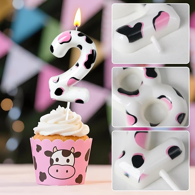 Number 2 Birthday Candle for Cake – Cow Print Design in White Black Pink – Farm Theme & Cowgirl Party Cake Topper Decoration