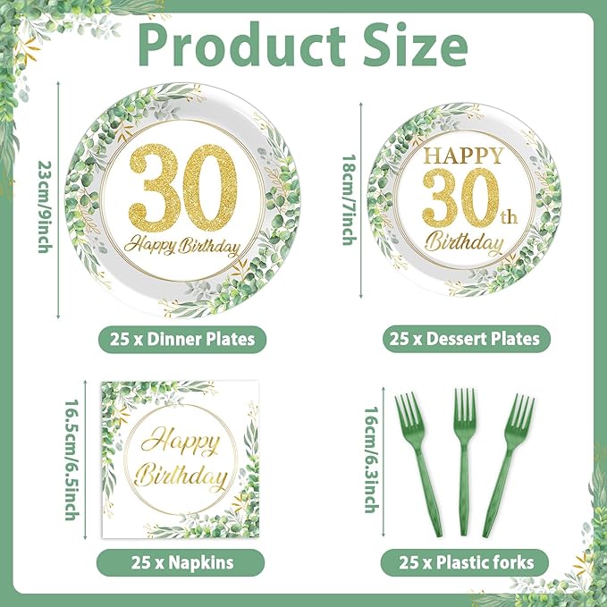 100 Pcs 30th Birthday Decorations Party Tableware Set Greenery Eucalyptus Paper Plates Sage Green Plates Forks and Napkins 30th Birthday Party Decorations for 30 Years Old Women Her Serve 25 Guests