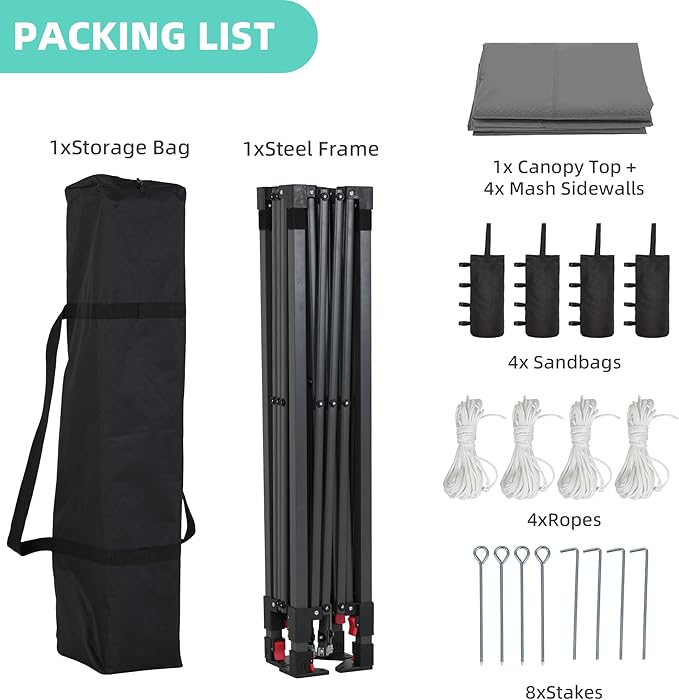 GDY 10x10 Pop up Canopy Tent with Mosquito Netting, Easy up Gazebo for Patio, Camping and Garden, Includes 4 Sandbags, Gray
